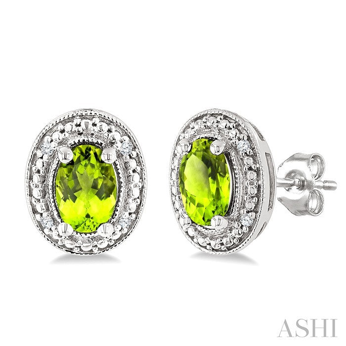 Silver Oval Shape Gemstone & Diamond Earrings