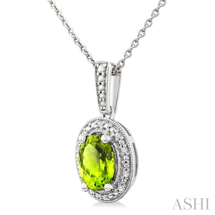 Silver Oval Shape Gemstone & Diamond Pendant