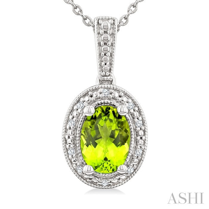 Silver Oval Shape Gemstone & Diamond Pendant