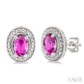 Silver Oval Shape Gemstone & Diamond Earrings