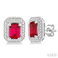 Silver Emerald Shape Gemstone & Diamond Earrings