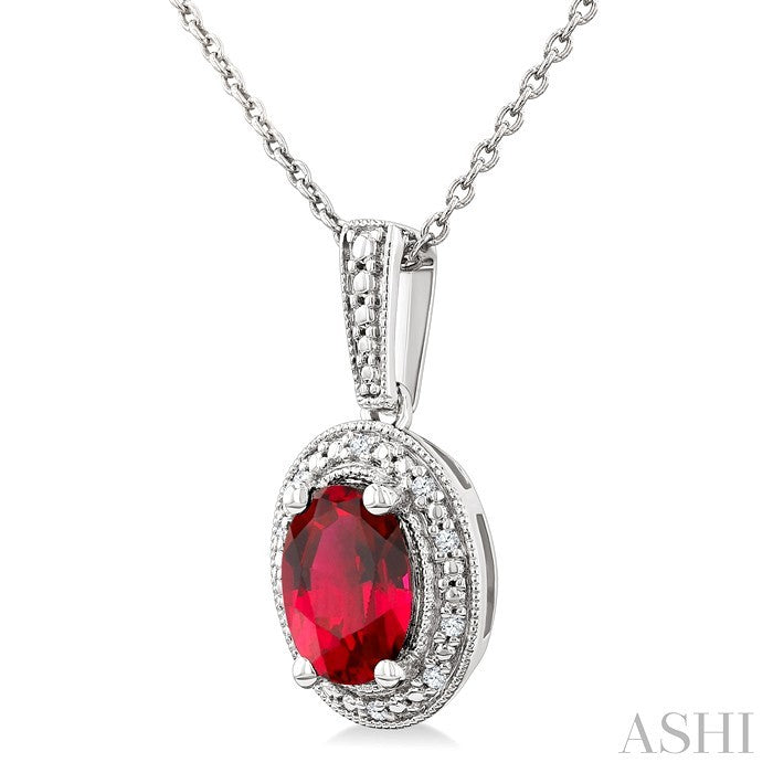 Silver Oval Shape Gemstone & Diamond Pendant