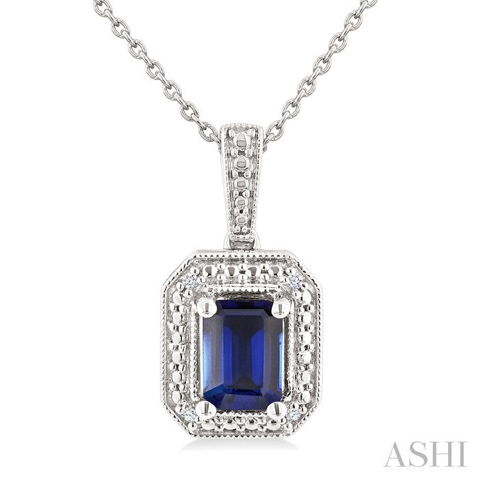 Silver Emerald Shape Gemstone & Diamond Pendant
