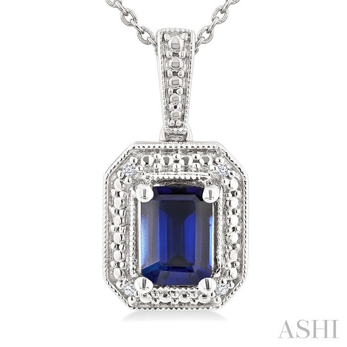 Silver Emerald Shape Gemstone & Diamond Pendant