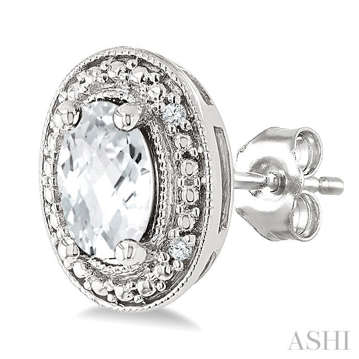 Silver Oval Shape Gemstone & Diamond Earrings