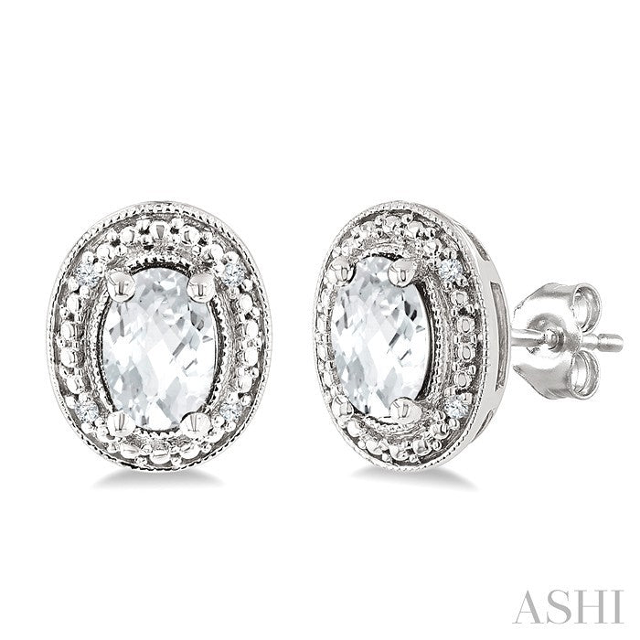 Silver Oval Shape Gemstone & Diamond Earrings