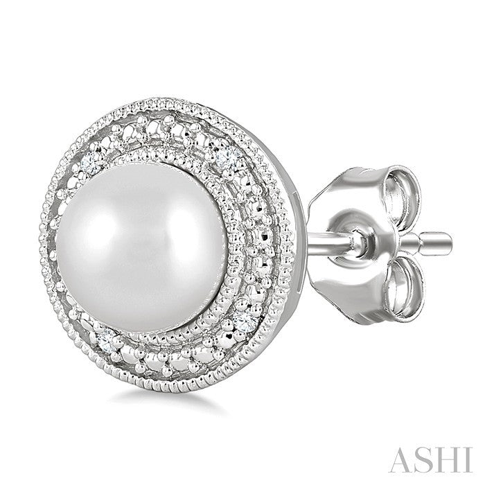 Silver Pearl & Halo Diamond Earrings