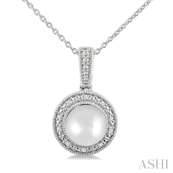 Silver Pearl & Halo Diamond Pendant