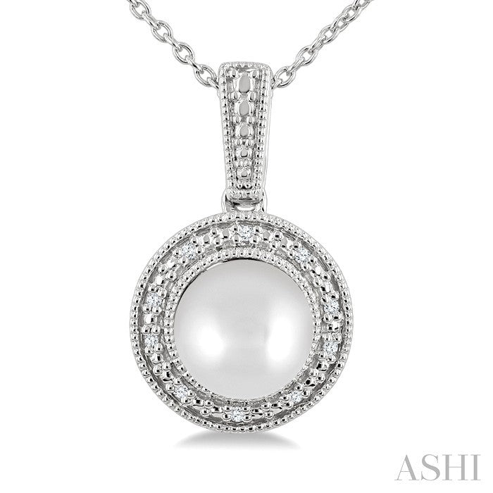 Silver Pearl & Halo Diamond Pendant