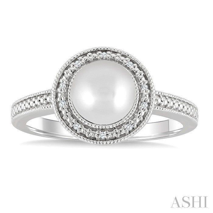 Silver Pearl & Halo Diamond Ring