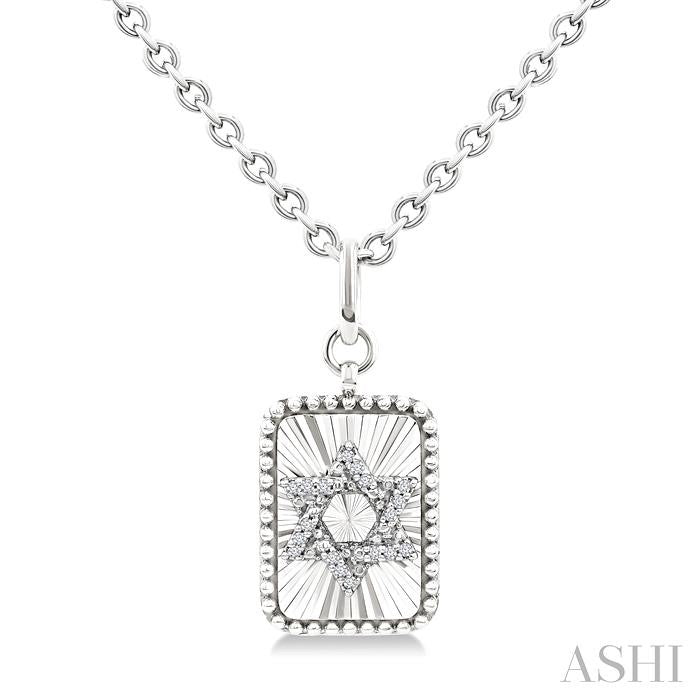 Silver Rectangle Star Of David Fluted Medallion Diamond Pendant