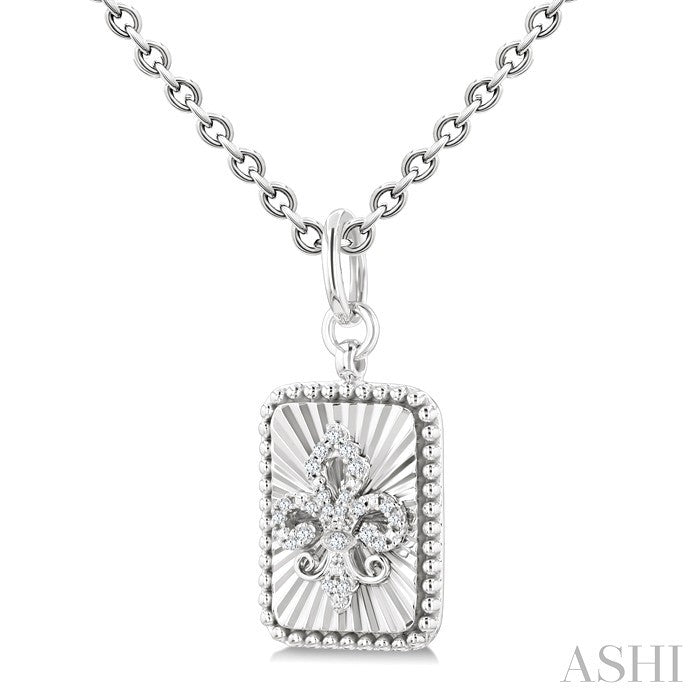 Silver Rectangle Fleur-De-Lis Fluted Medallion Diamond Pendant