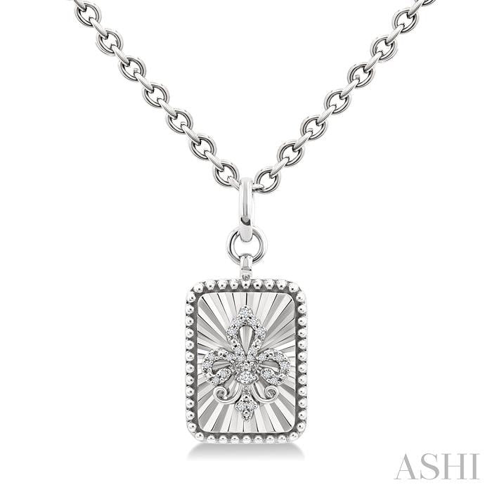 Silver Rectangle Fleur-De-Lis Fluted Medallion Diamond Pendant