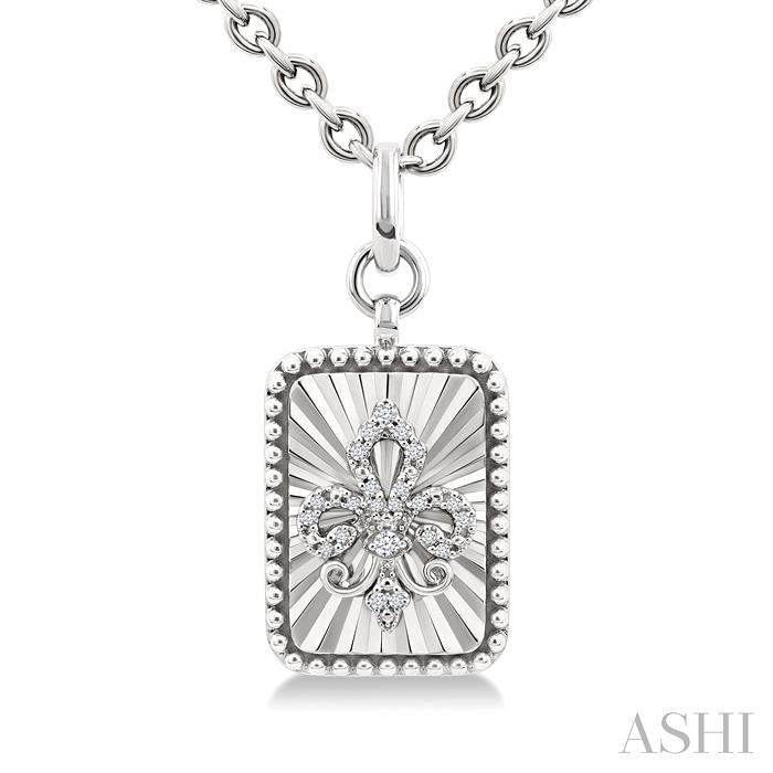 Silver Rectangle Fleur-De-Lis Fluted Medallion Diamond Pendant