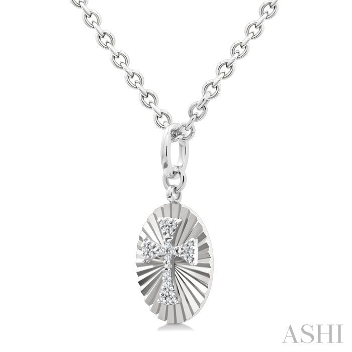 Silver Oval Shape Cross Fluted Medallion Diamond Pendant