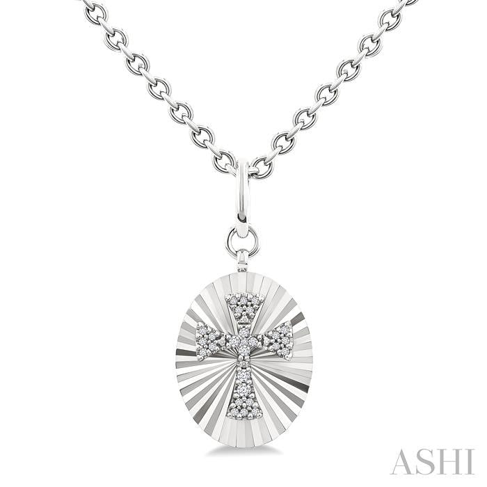 Silver Oval Shape Cross Fluted Medallion Diamond Pendant