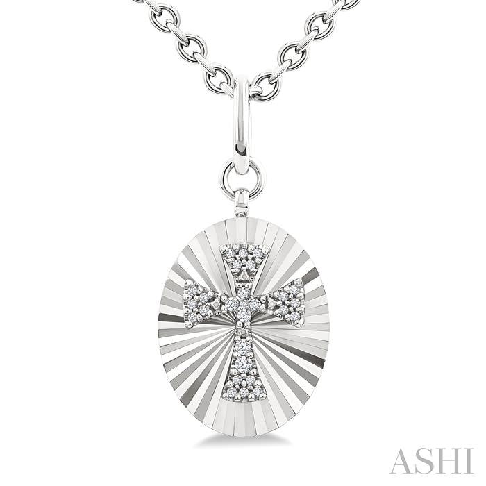 Silver Oval Shape Cross Fluted Medallion Diamond Pendant