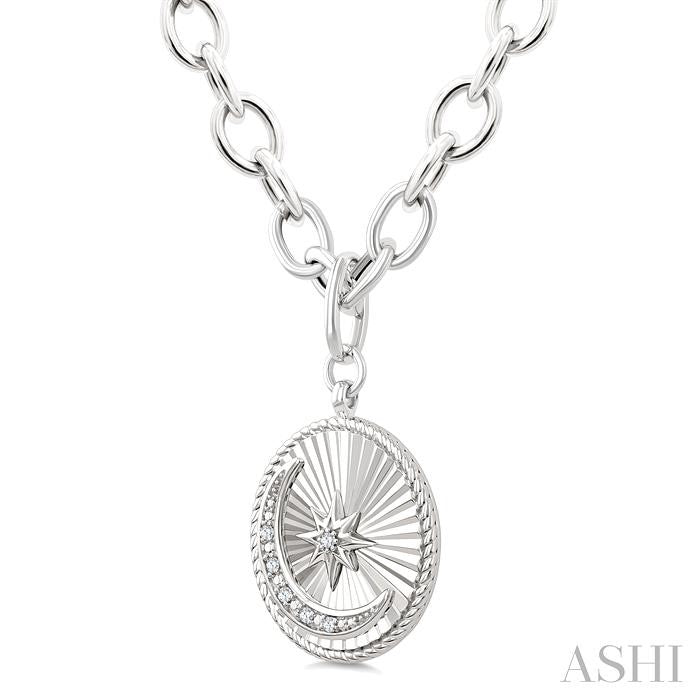 Silver Circle Crescent Moon & Star Fluted Medallion Diamond Pendant