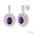 Silver Oval Shape Gemstone & Diamond Earrings