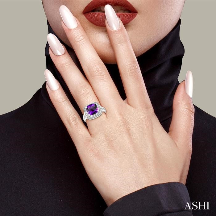 Silver Cushion Shape Gemstone & Diamond Ring