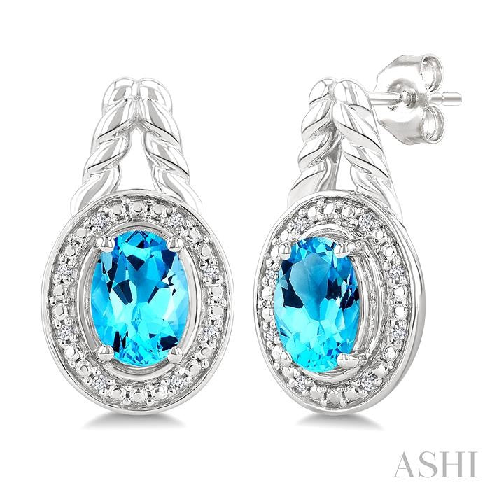Silver Oval Shape Gemstone & Diamond Earrings
