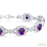 7X7 MM Cushion Shape Amethyst and 1/10 ctw Round Cut Diamond Semi Precious Bracelet in Sterling Silver