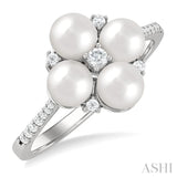 5x5 MM Round Shape Floral Cultured Pearls and 1/6 ctw  Round Cut Diamond Fashion Ring in 10K White Gold