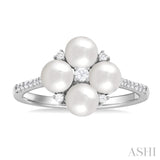 5x5 MM Round Shape Floral Cultured Pearls and 1/6 ctw  Round Cut Diamond Fashion Ring in 10K White Gold