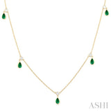 5x3 MM Pear Shape Emerald and 1/4 Ctw Round Cut Diamonds Precious Station Necklace in 14K Yellow Gold