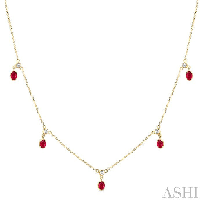 Oval Shape Gemstone & Diamond Dangle Station Necklace