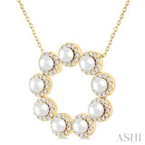 3 MM Round Shape Cultured Pearl and 1/3 Ctw Round Cut Diamond Circle Halo Pendant With Chain in 14K Yellow Gold