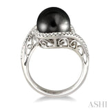 11 MM Black Cultured Pearl and 1/3 ctw Round Cut Diamond Ring in 14K White Gold