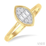 1/6 ctw Petite Bezel Set Marquise Shape Fusion Baguette and Round Cut Diamond Fashion Ring in 10K Yellow Gold