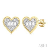 1/5 Ctw Petite Bezel Set Heart Shape Fusion Baguette and Round Cut Diamond Fashion Stud Earring in 10K Yellow Gold