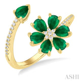 4X3 MM Pear Cut Floral Blossom Emerald and 1/10 Ctw Round Cut Diamond Open Precious Ring in 14K Yellow Gold