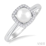 6 MM Cushion-Shaped Cultured Pearl and 1/10 ctw Petite Round Cut Diamond Halo Ring in 10K White Gold