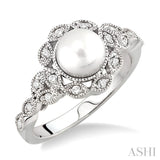 6.5 MM Cultured Pearl and 1/8 ctw Single Cut Diamond Ring in 14K White Gold