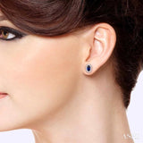 5x3 MM Oval Cut Center Sapphire and 1/5 Ctw Round Cut Diamond Sunflower Precious Earrings in 10K White Gold