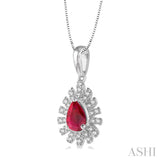 6x4 MM Bar Accent Pear Shape Ruby and 1/8 ctw Round Cut Diamond Precious Pendant With Chain in 10K White Gold