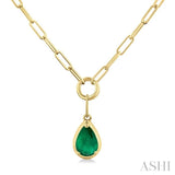 6x4 MM Pear Cut Emerald Solitaire Precious Paperclip Pendant With Chain in 14K Yellow Gold