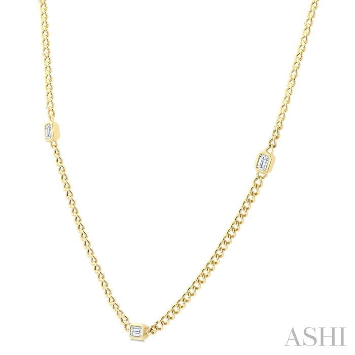 Emerald Shape Bezel Curb & Cuban Station Diamond Necklace