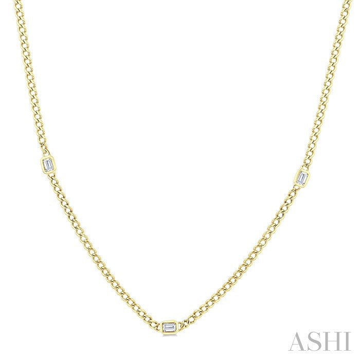Emerald Shape Bezel Curb & Cuban Station Diamond Necklace