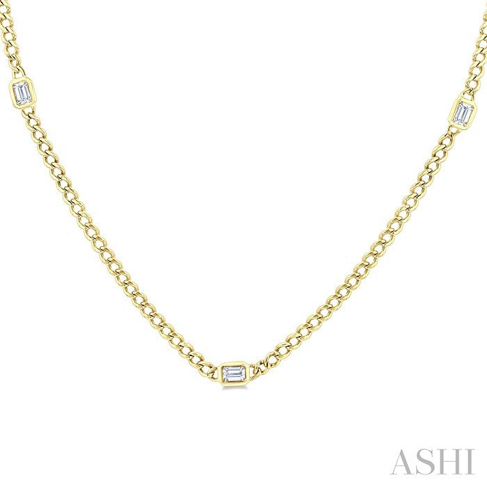 Emerald Shape Bezel Curb & Cuban Station Diamond Necklace
