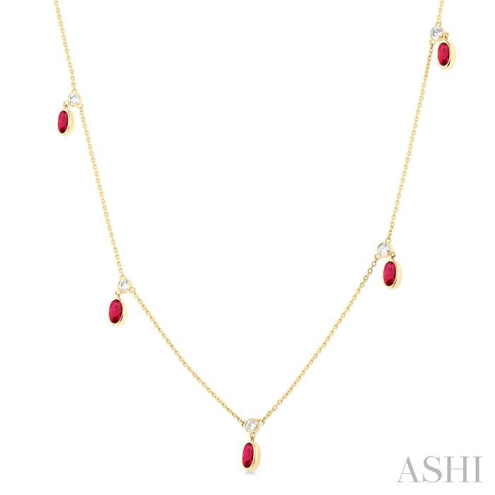 Oval Shape Gemstone & Diamond Station Necklace