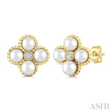 3 MM Clover Cultured Pearl and 1/50 Ctw Round Cut Diamond Fashion Earrings in 10K Yellow Gold