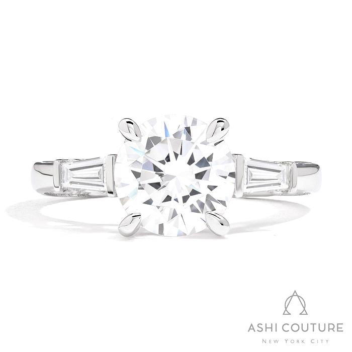 Couture 3-Stone Round Semi-Mount Engagement Ring With Tapered Baguette Side Diamonds