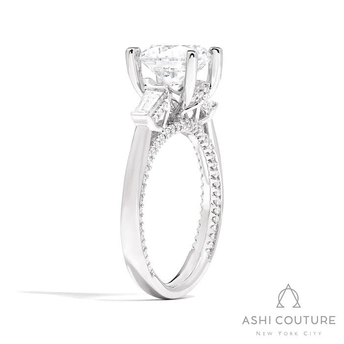Couture 3-Stone Round Semi-Mount Engagement Ring With Tapered Baguette Side Diamonds