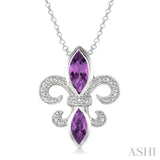 10x5 & 8x4 mm marquise cut Amethyst and 1/50 Ctw Single Cut Diamond Fleur De Lis Pendant in Sterling Silver with Chain