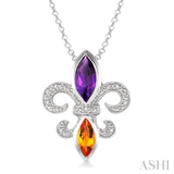 10x5 & 8x4 mm marquise cut Amethyst and Citrine and 1/50 Ctw Single Cut Diamond Fleur De Lis Pendant in Sterling Silver with Chain