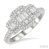 3/4 Ctw Triple Mount Baguette & Round Cut Fusion Diamond Ring in 14K White Gold